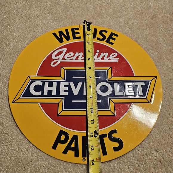 Metal Chevrolet Parts Advertising Sign 14" Embossed Round "We Use Genuine Parts" - Picture 5 of 5